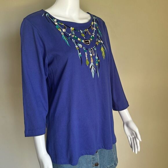 Bob Mackie Embroidered Feathers And Beads Purple Top - Picture 3 of 8